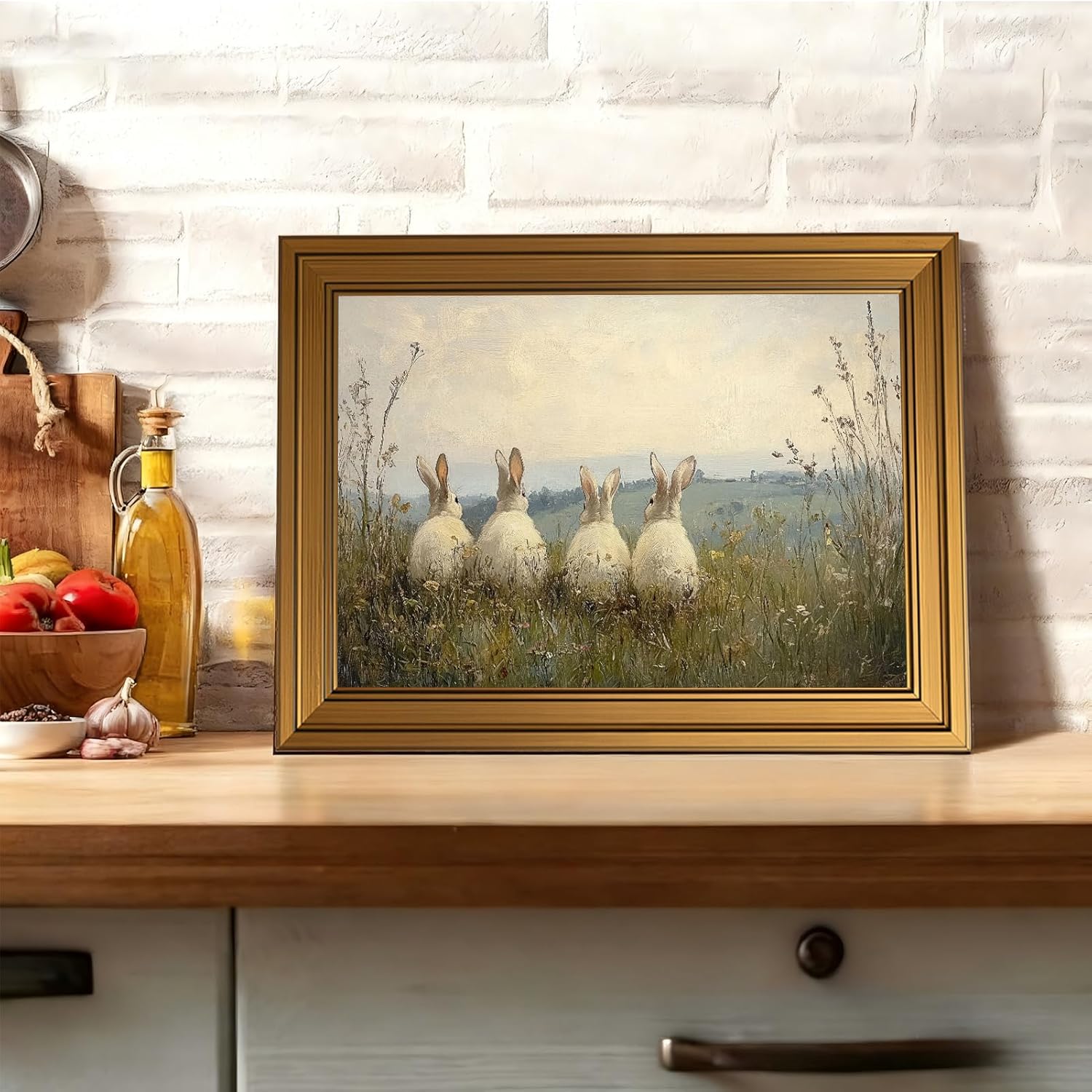 Regine Switzerland Vintage Gold Framed 3D Textured Wall Art - Easter Rabbits in Meadow Oil Painting | 9x11in Cottagecore Decor