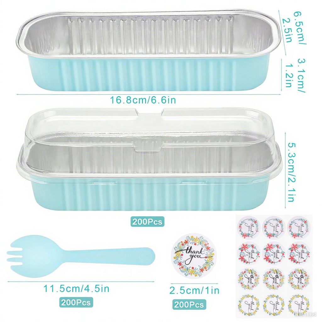 ylnurac 200Pack Mini Cake Pans Disposable Mini Loaf Pans with Lids and Spoons and Stickers, 6.8Oz Aluminum Foil Pans Tins, Individual Dessert Cups Containers for Sales,Party,Picnics Sky Blue