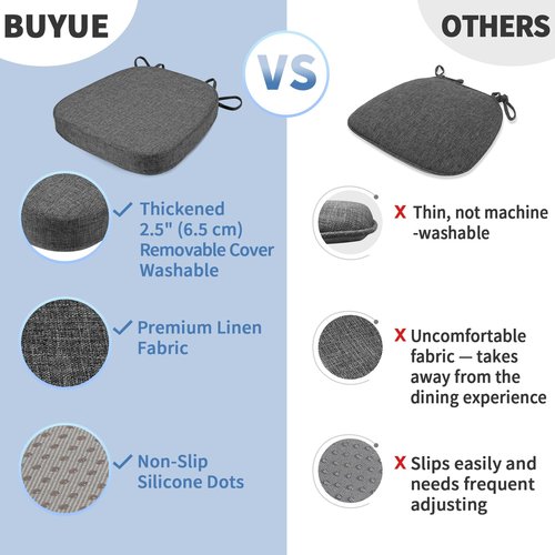 BUYUE Thickened 2.5" Dining Chair Cushions Set of 6, U-Shape High Density Foam Comfortable Chair Pads for Kitchen, Slip Resistant Indoor Seat Cushions (6 PCS, Dark Gray)