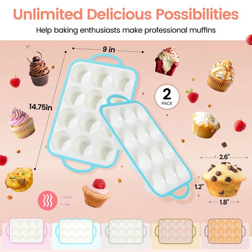 Fimary Silicone Muffin Pans for Baking 2 Pack, 2.6 Inch with Metal Reinforced Frame, Regular Size Nonstick Cupcake Pan 12 Cups for Baking Homemade Muffins, Dishwasher Safe BPA Free-Blue