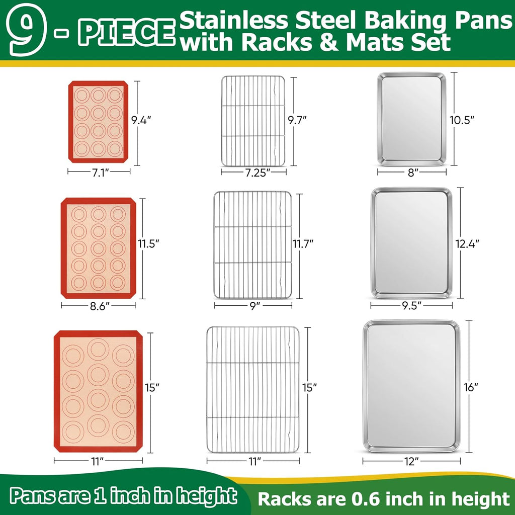 TeamFar Stainless Steel Baking Sheet Set - 9-Piece with Racks & Silicone Mats for Easy Oven Baking