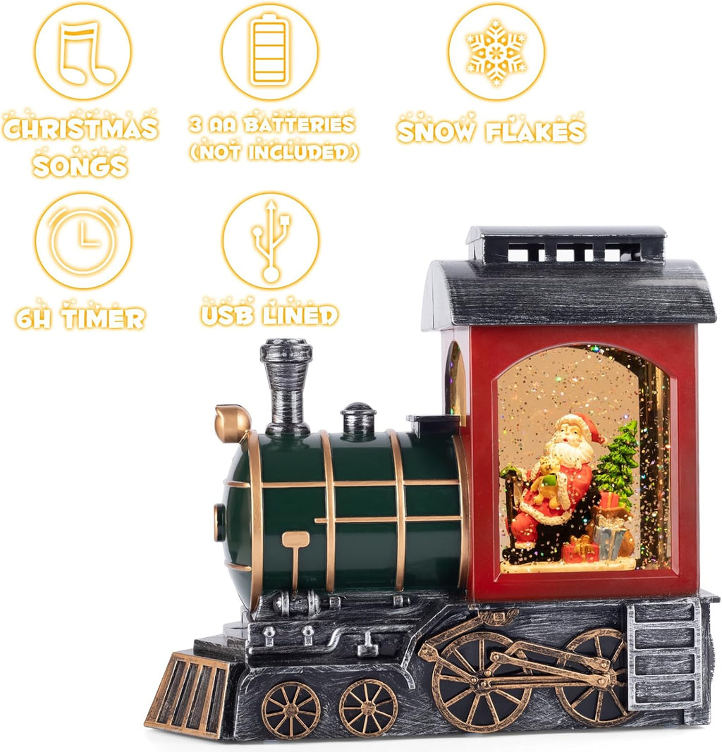 Santa Red Train Snow Globe Lantern | Glittering Light-Up Musical Christmas Decoration, 6-Hour Timer, USB & Battery Operated