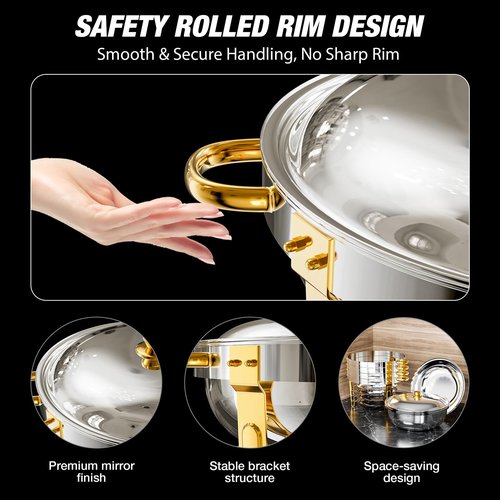 WARMOUNTS Round Chafing Dishes for Buffet 4 Pack, 5QT Gold Stainless Steel Chafers and Buffet Warmers Sets with Lid Holder, Rolled Rim Process, Stackable Design, for Catering, Parties, Weddings