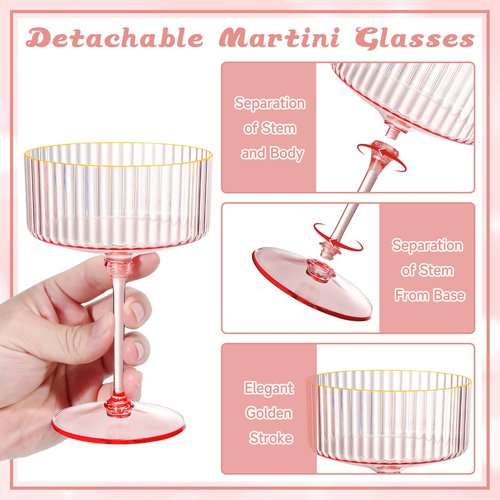 XUWAIDSGN 12 Pcs Champagne Martini Glasses 9 Oz with Gilded Removable Gold Rim Coupe Glasses Pink Martini Glasses Plastic Mimosa Vintage Coupe Glasses Set For Wedding Anniversary (12, Ribbed Pink)