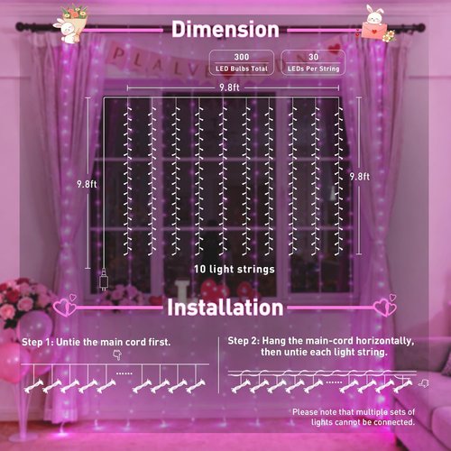 JMEXSUSS 300 LED Curtain Lights - Pink String Lights with Remote for Bedroom & Party Decor | 9.8x9.8ft