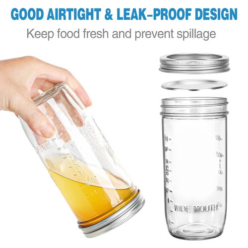 24 oz Wide Mouth Glass Jars - 6 Pack with Airtight Lids and Bands, Ideal for Fermenting, Pickling, Meal Prep, Overnight Oats, Jam, Jelly, and DIY Projects