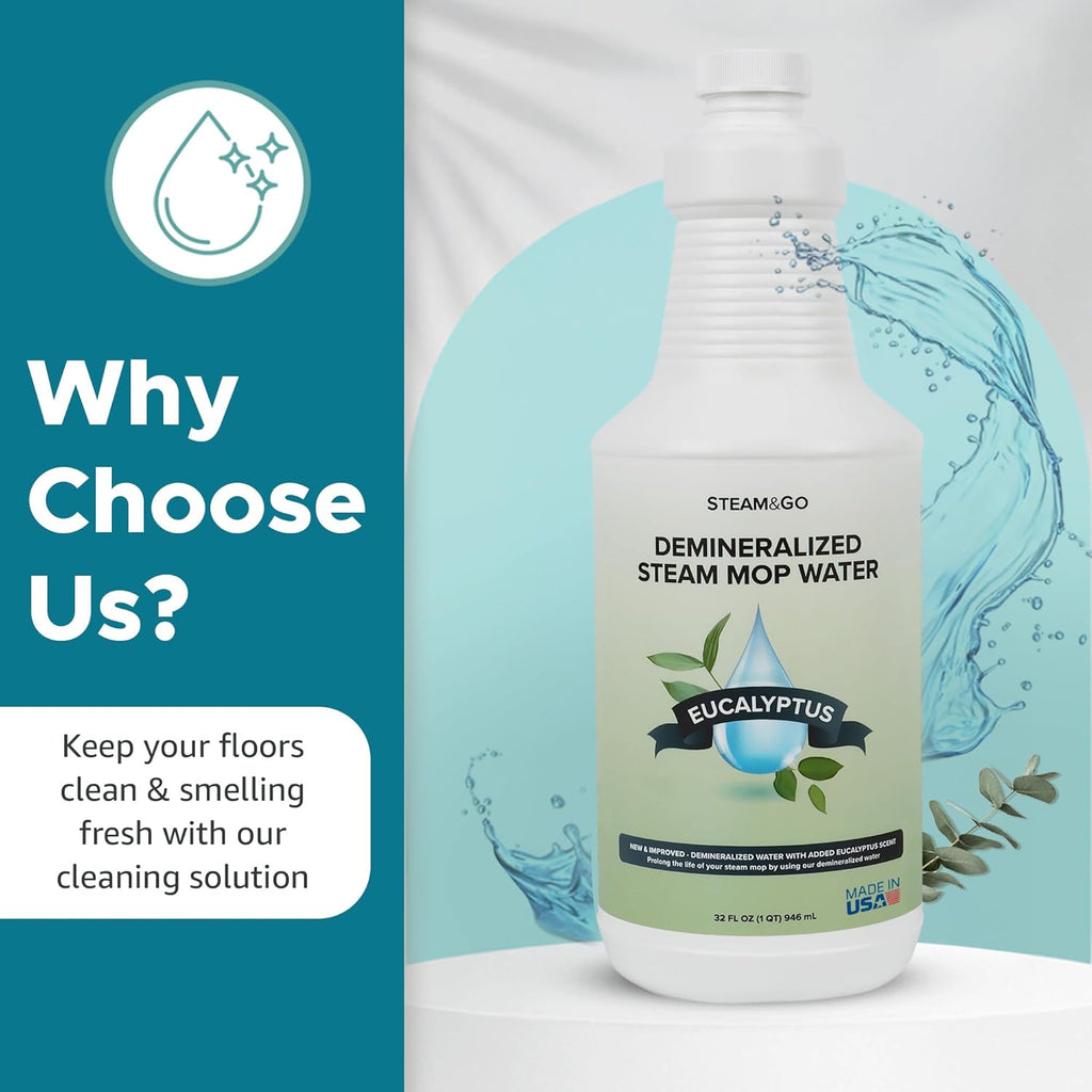 Steam & Go Demineralized Water | Eucalyptus Mint Steam Cleaner Solution, 32 oz - PVC-Free & Ready-to-Use