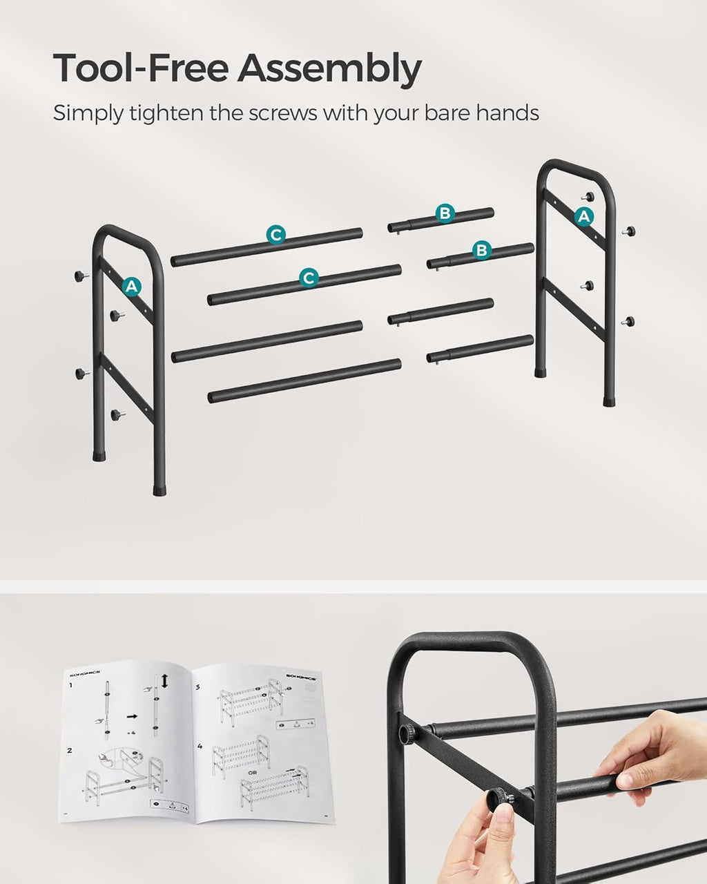 SONGMICS Expandable Shoe Rack - Adjustable 2-Tier Organizer for 15 Pairs - Metal Storage Solution in Ink Black