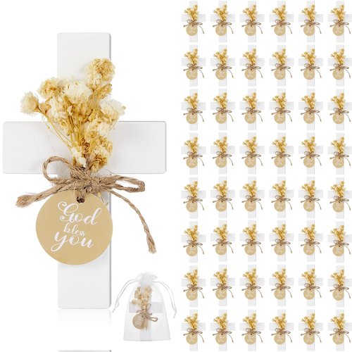 Flutesan 48 Sets Baptism Favors for Guests First Communion Wooden Cross Fridge Magnets with Flower and Bag, Christian Souvenirs Gift for Party Decoration, Baby Shower, Kitchen Decor (Classic,White)