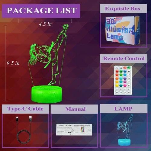 POSSHE Karate Girl Night Light, Karate Gifts, Taekwondo 3D Illusion Lamp with 16 Colors Changing, Timer, 4 Flash Modes and Dimmable, Kids Girls Room Decoration, Holiday Xmas Gifts