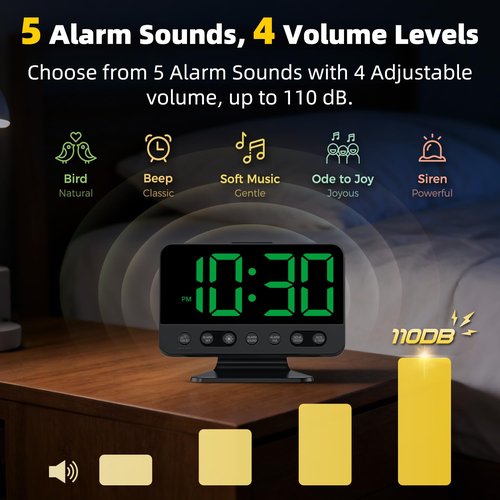 AuroraCalm Digital Alarm Clock with Large Numbers for Bedrooms: Bold Display Readable Across The Room with 5 Level Brightness - 5 Alarm Sounds 8 Night Lights for Kids Seniors Teens - Green