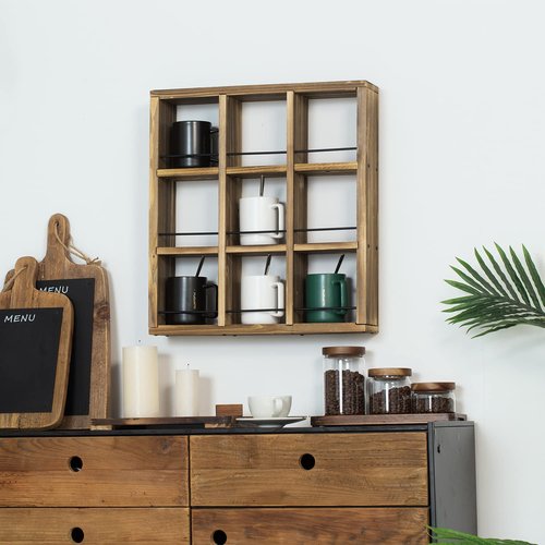 MyGift Wall Mounted Coffee Mug Display Rack – Rustic Burnt Wood Shadow Box Shelf for Collectible Travel Mugs, Cup Holder Storage for Kitchen, Office, or Coffee Bar Décor