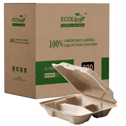 ECOLipak 300 Pack Clamshell To Go Containers, 100% Compostable Disposable Take Out Food Containers, 8X8 inch 3-Compartment Heavy-Duty To Go Boxes