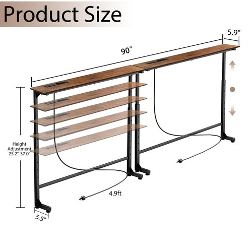 Keelian 90 inch Narrow Console Table with Outlet,Adjustable Height(25"-37") Behind Sofa Table,Couch Behind Table Skinny,Couch Shelf with Charging Station,Long Entryway Tables for Living Room, Brown