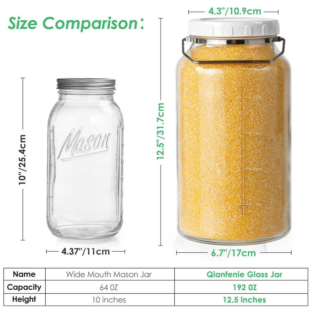 Qianfenie 2 Gallon Glass Jar with Airtight Lid, Wide Mouth Mason Jar with Lids(7600ML), Set of 1, 2 Gallon Large Glass Jar with Lid and Stainless Steel Handle