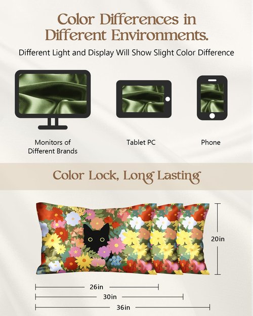 Miss Adola Silk Pillow Cases 2 Pack - Standard Size 20 x 26 Inch Silky Pillowcase for Hair and Skin Soft Cute Aesthetic Bed Sleeping Pillow Cover with Zipper for Women, Cat Flowers