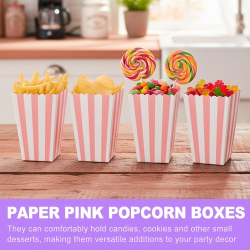 ZeriLion 24 Pack Pink Popcorn Boxes | Striped Pink and White Popcorn Containers | for Movie Night, Party Favors
