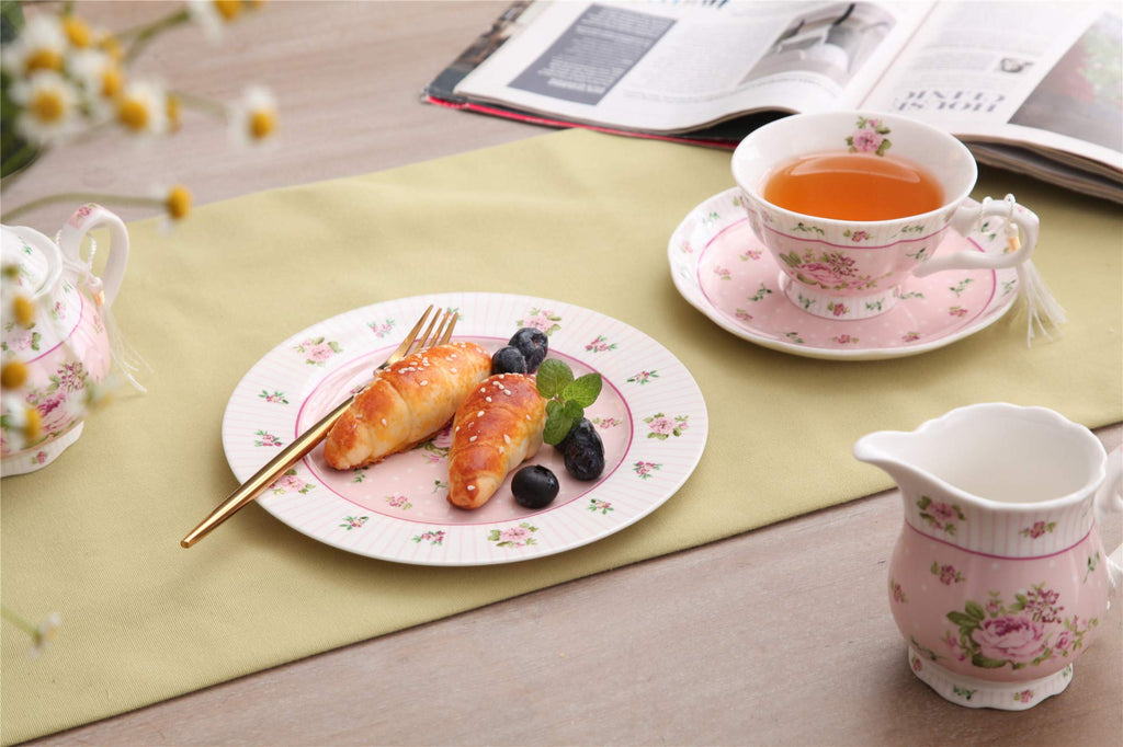London Boutique Cake Plate Set 4 Porcelain Fine China Wide Rimmed Shabby Chic (Rose Pink)