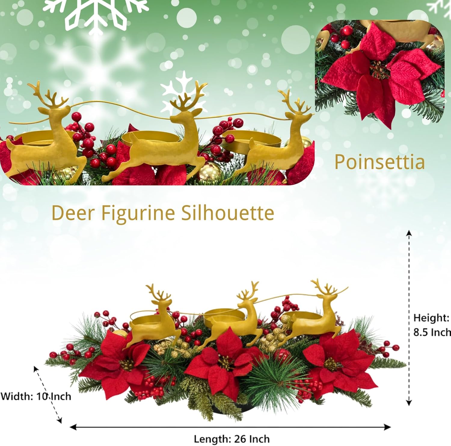 Poinsettia Candle Holder Centerpiece by [Brand Name] - Metal Deer Figurine with Red Berries & Pine Needles for Holiday Decor