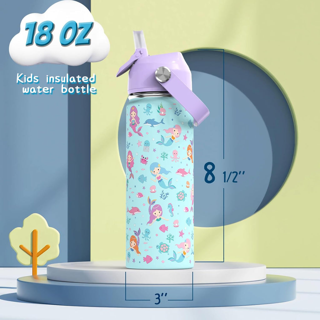 Skiennix 18oz Kids Insulated Water Bottle - BPA-Free Stainless Steel, Leak-Proof, Purple Mermaid