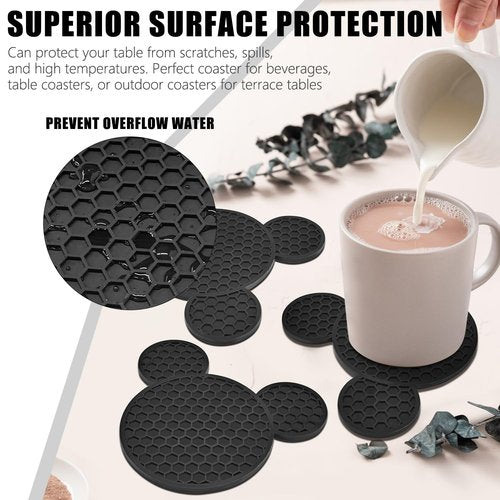 Mouse Ears Silicone Coasters Non-Slip Black Coasters for Hot or Cold Drinks, Beer, Coffee, Anti-Overflow Tabletop Protection Christmas Birthday Wedding Housewarming Home Decor Gifts