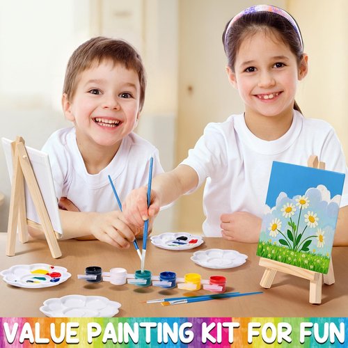 Asoulin 24 Set Mini Acrylic Paint Kit with Canvas, Wooden Easel, Brushes, Palette, Painting Kits for Kids Girls Boys, Art Set Gifts for Classroom Prizes Birthday Party Favors Easter Basket Stuffers