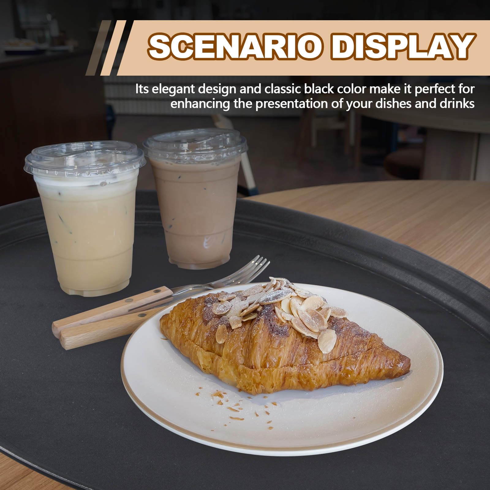 FillTouch 2 Pcs Restaurant Serving Trays PP Plastic Non Slip Rubber Lined Large Oval Tray for Kitchen Dining Room Cafeterias Fast Food Service (25 x 20 Inch,Black)