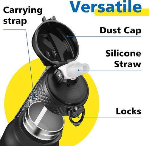 Han's Bottle Sports Water Bottle - 24 Oz Vacuum Insulated, Leak Proof, Straw Lid - Black Thermo Mug