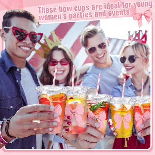 Sliner 50 Pcs 16 oz Coquette Disposable Plastic Cups with Straw for Party Supplies Bow Cups Birthday Wedding Bridal Engagement Party Drinkware Baby Shower Decoration (Pink Bow)
