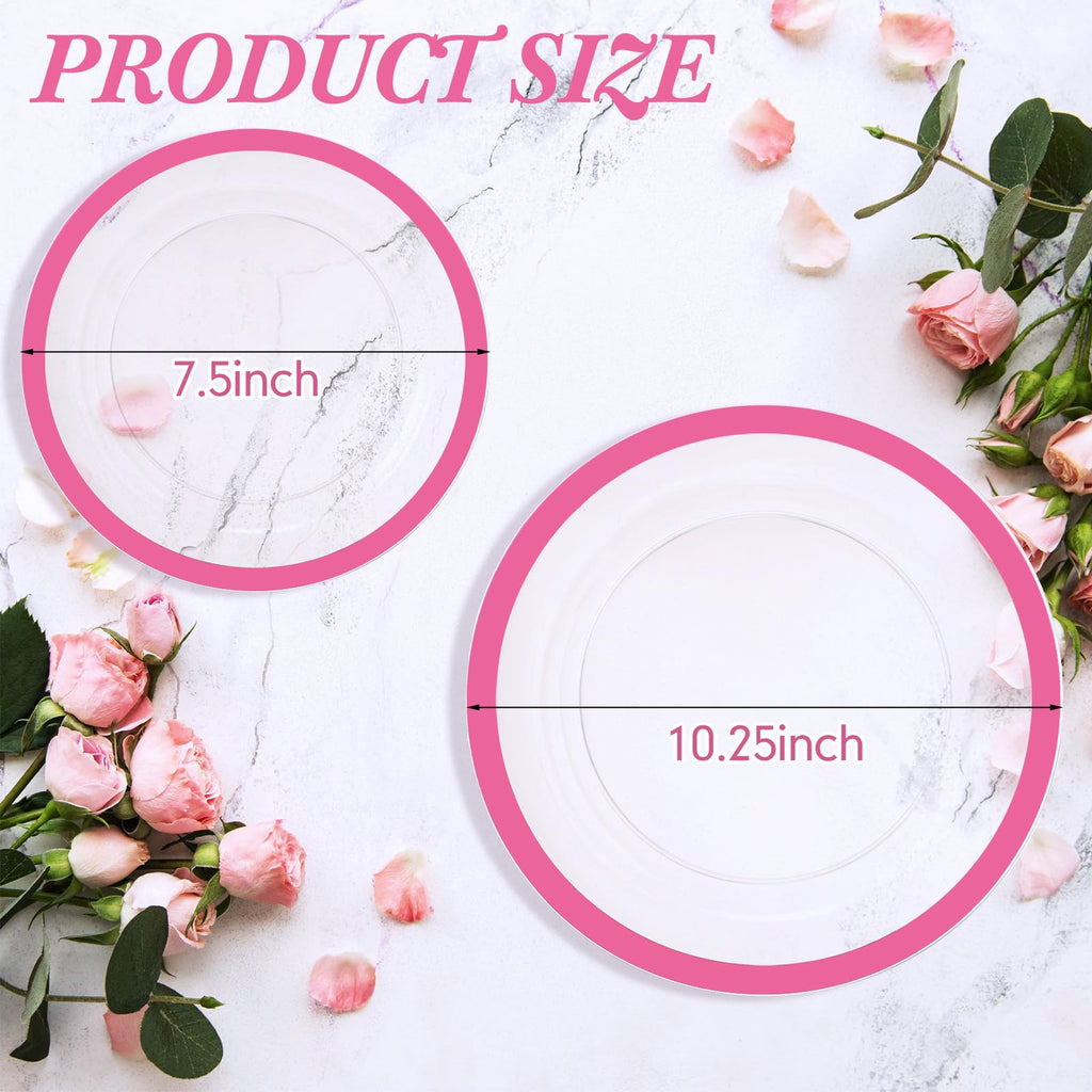 Wesiti 100 Pcs Clear Plastic Plates Disposable Dinnerware Set Includes 50 Dinner Plates 10.25 '', 50 Dessert Plates 7.5 '', Cake Salad Dessert Plates for Wedding Birthday Holiday Parties(Pink Rim)