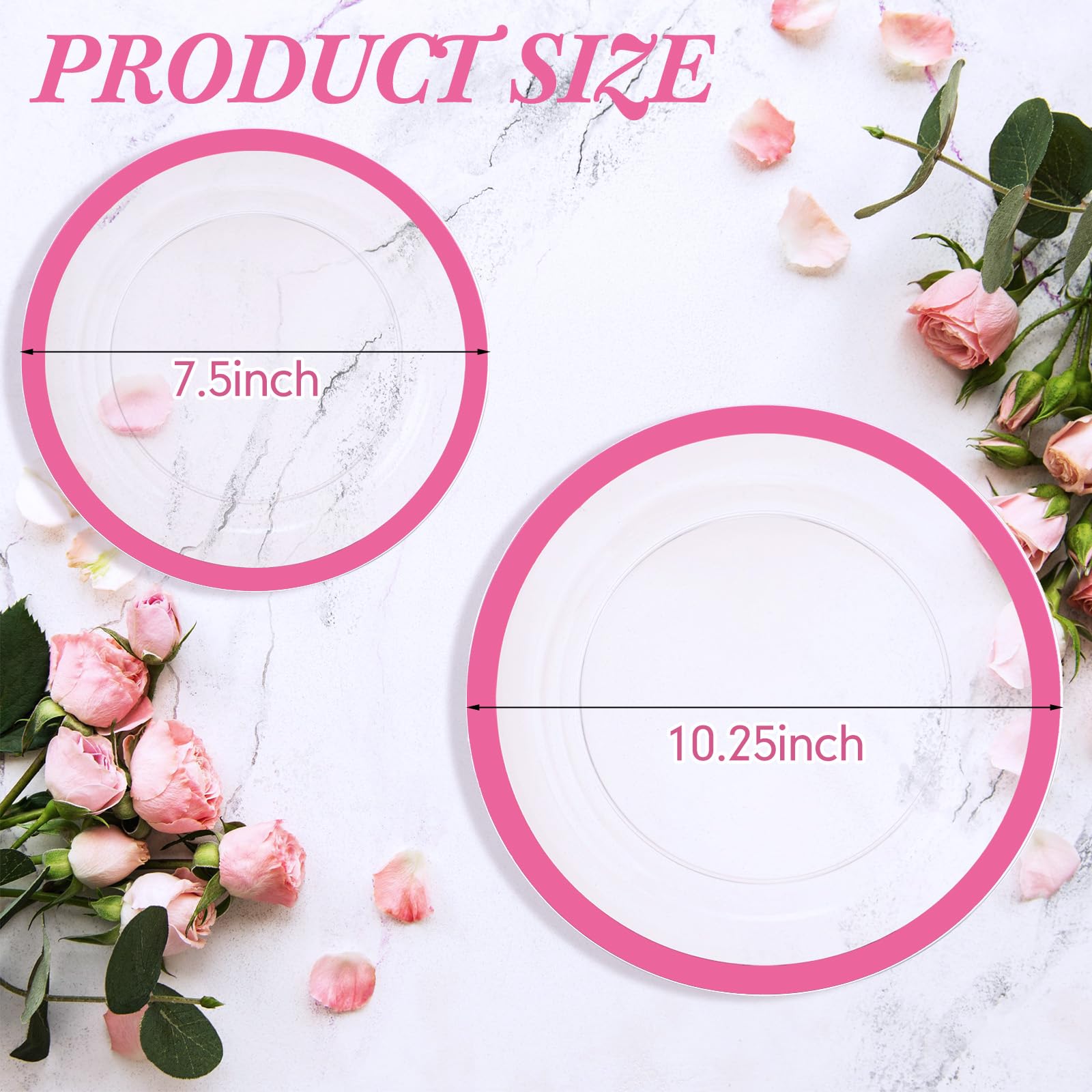 Wesiti 100 Pcs Clear Plastic Plates Disposable Dinnerware Set Includes 50 Dinner Plates 10.25 '', 50 Dessert Plates 7.5 '', Cake Salad Dessert Plates for Wedding Birthday Holiday Parties(Pink Rim)