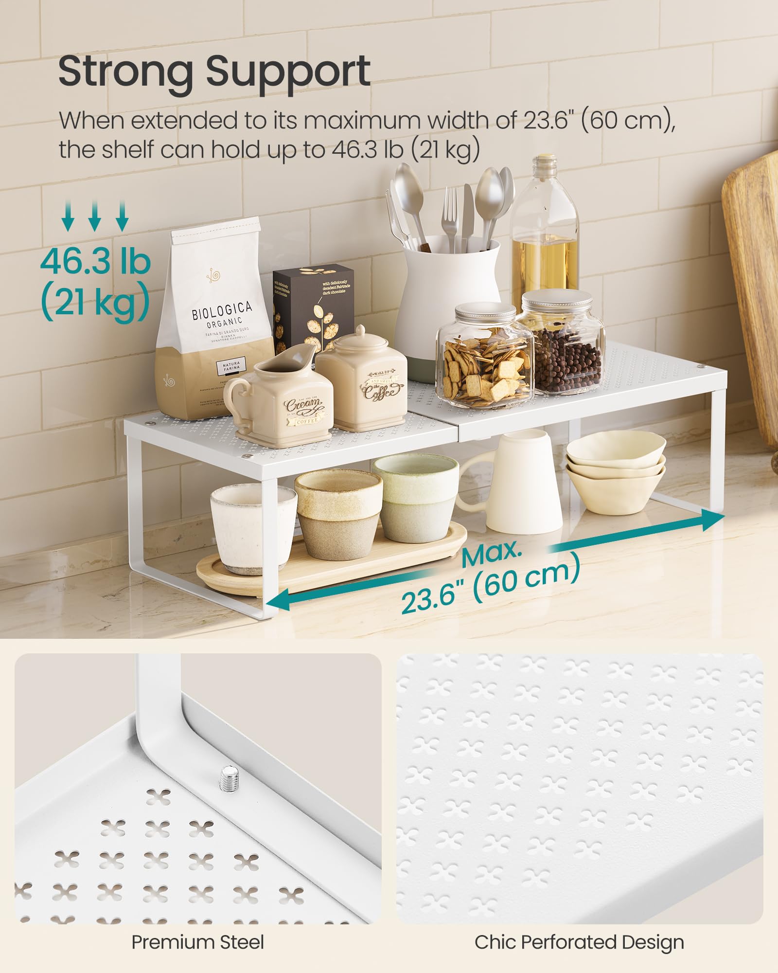 SONGMICS Spice Racks, Set of 3 Expandable Kitchen Countertop Shelves, Small Cupboard Organizers, Metal, Space-Saving Tabletop Shelves, Matte White UKCS403WC01