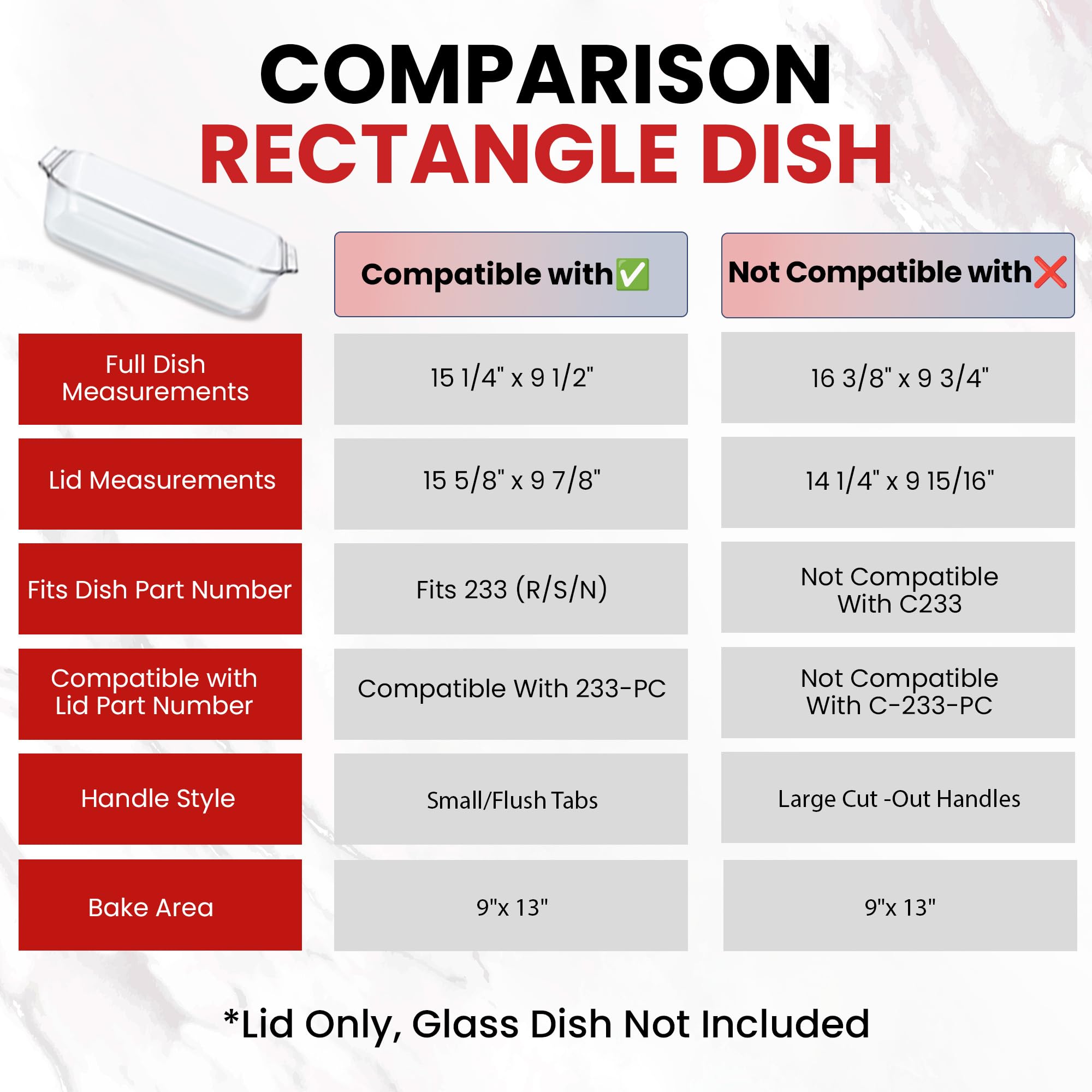 Replacement Lids fits Pyrex 9x13 233 Glass Casserole Baking Dish Container with Tab Handles, for 3-Quart Model 233-PC (2-Pack, Red)