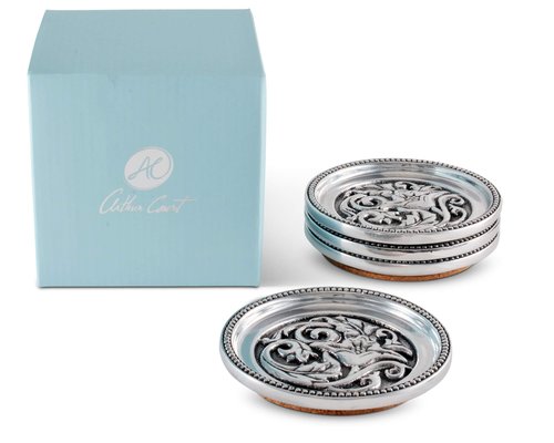 Arthur Court Aluminum Metal Western Concho Drink Coasters for Home Counters, Kitchen, Dining, Living Room, Patio, Coffee Table, Metal Holder Cork Padding Set of 4 Stackable 4 inch Diameter