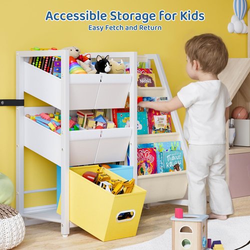LATIBELL Kids Bookshelf Toy Storage Organizer - Book Shelf for Kid Rooms, 6 Toy Bins for Kid Organizer and 3 Sling Kids Bookcase, Toddler Baby Montessori Nursery Bookshelf Childrens Book Rack Display