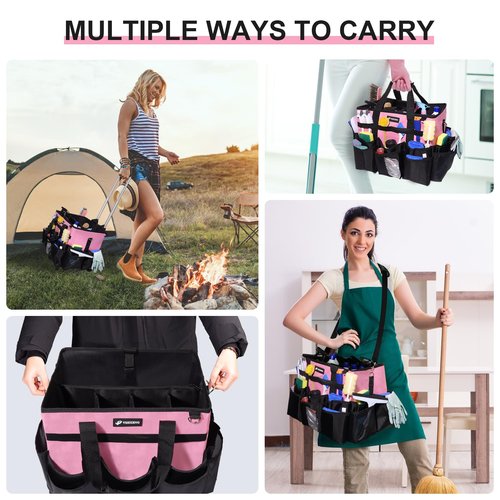 VSHXENG Large Rolling Cleaning Caddy Bag with Wheels, with Detachable Trolley, Cleaning Bags on Wheels for Housekeepers, Cleaning Cart Supplies Organizer for Home, Car, Picnic (Pink)