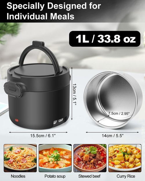 WVJ Electric Lunch Box for Men, 1L/34oz 100W Portable Food Warmer Leak-proof Food Heater for Adults 12V/24V/110V for Car/Truck/Office/On-the-Go Travel Black