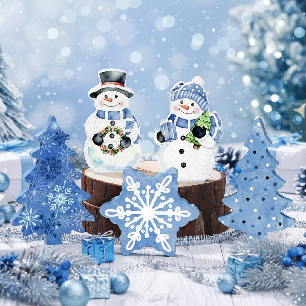 Threehoney Winter Snowman Decor - 5 Pcs Cute Blue Snowflake Table Centerpieces for Home & Office