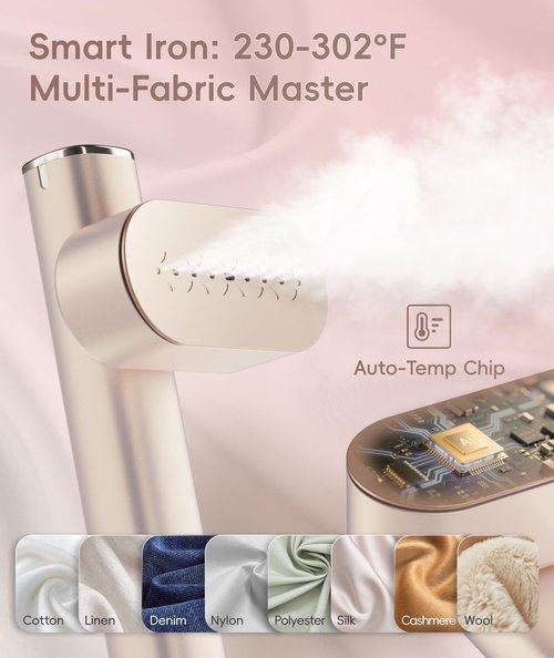 iLAKE Steamer for Clothes, 1000W Portable Garment Steamer Travel Size, 100-240V Dual Voltage, 120ml Tank Handheld Steam & Iron 2 in 1, for Home, Business, Global & Europe Traveling, Rose Gold