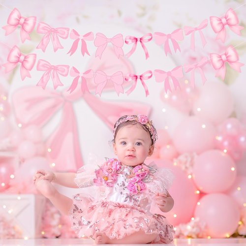 4Pcs Pink Bow Garland Banner, Pink Bow Banner Bow Party Decortions for Women Girls Bow Birthday Decorations Baby Shower Decor, Bridal Shower Wedding, Bows Party Decor