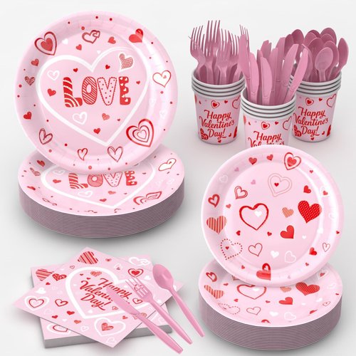 JIEFULL 112 Pcs Valentine's Day Party Tableware, Hot Heart Love Disposable Paper Party Plates and Cups and Napkins Sets Serves 16 for Wedding, Gatherings, Engagements, Anniversary Party Supplies(Pink)