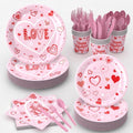 JIEFULL 112 Pcs Valentine's Day Party Tableware, Hot Heart Love Disposable Paper Party Plates and Cups and Napkins Sets Serves 16 for Wedding, Gatherings, Engagements, Anniversary Party Supplies(Pink)