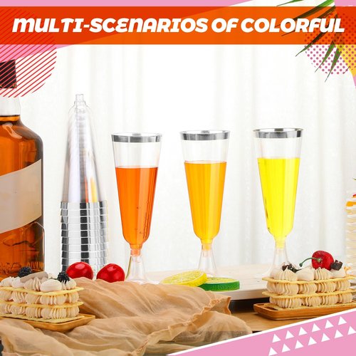 Gerrii 300 Pcs Plastic Champagne Flutes Bulk, 4.5 oz Clear Disposable Champagne Flutes, Rimmed Toasting Glasses for Wedding Birthday Anniversary Celebration Party Wine(Silver Rim)