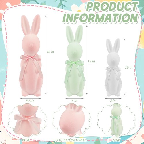 Letsroar Easter Bunny Decor Set - 3 Pack Flocked Bunnies (10", 13", 15") with Eggs & Grass | Spring Table Centerpiece
