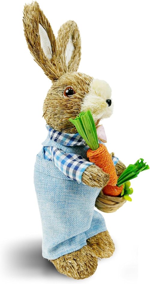 DearSun 14" Easter Bunny Figurine - Blue Sisal Rabbit Holding Carrots | Spring Table Decor for Home & Garden