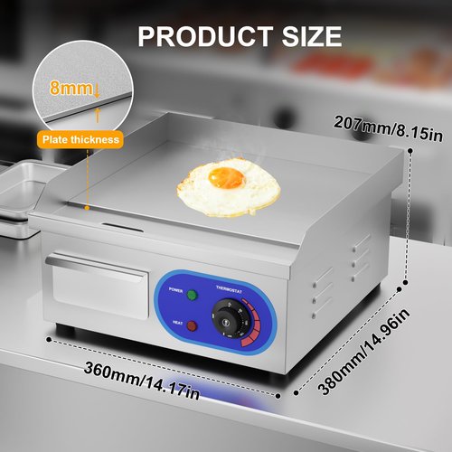 DULONG Electric Flat Top Grill,1500W Electric Flat Top Griddle,14" Stainless Steel Commercial Griddle with Thermostatic Control for Kitchen BBQ