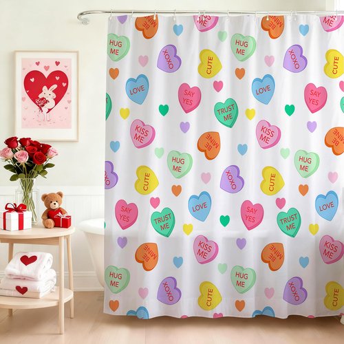 Mocsicka Valentines Shower Curtain Colorful Candy Heart Bathroom Shower Curtain Valentine Love Heart Waterproof Fabric Shower Curtains Bathtub Decor with 12 Hooks 72 X 72 Inches