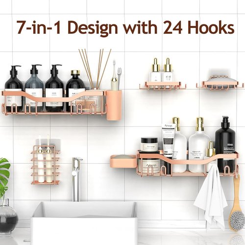 NESOMI Shower Caddy - Rustproof Stainless Steel Organizer with Soap Dish & Hooks | 7-Pack, No-Drill Design