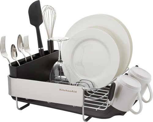 KitchenAid Dish Rack - Compact, Rust Resistant Design with Removable Caddy & Self-Draining Drainboard | 16.06-Inch, Black