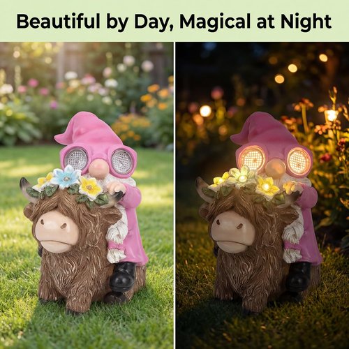 iStatue Solar Highland Cow Garden Statue - Animated LED Goggles, 8.7" Pink Resin Gnome with Moving Eyes